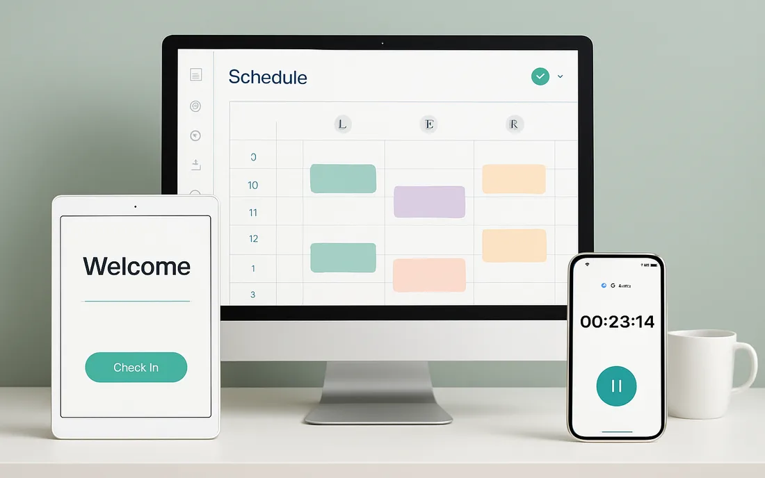Pediatric therapy charting nook with soft natural light: an all-in-one desktop showing a pastel weekly schedule grid, a portrait tablet displaying a Welcome Back check-in kiosk, and a smartphone showing a dark-theme session timer beside a mug of tea
