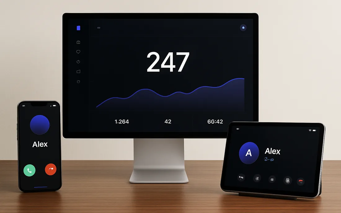 Photorealistic desk workspace at golden hour with an ultrawide monitor showing an Active Calls KPI and 7-day trend, a smartphone on a leather notebook displaying an incoming-call screen, and a tablet listing routed phone numbers against a blurred city skyline