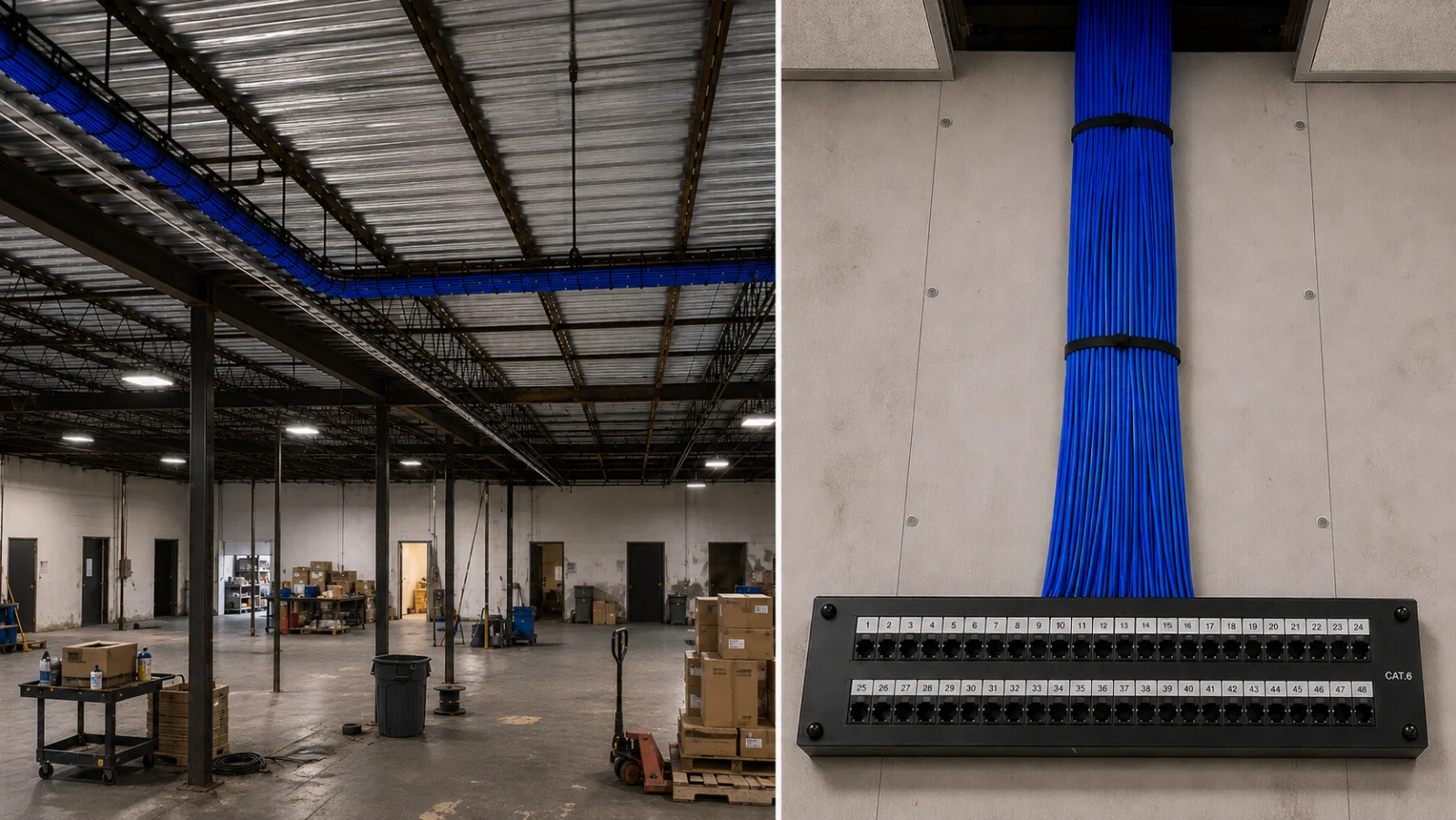 Overhead Cat6 cable-tray run and a dressed 48-port patch panel