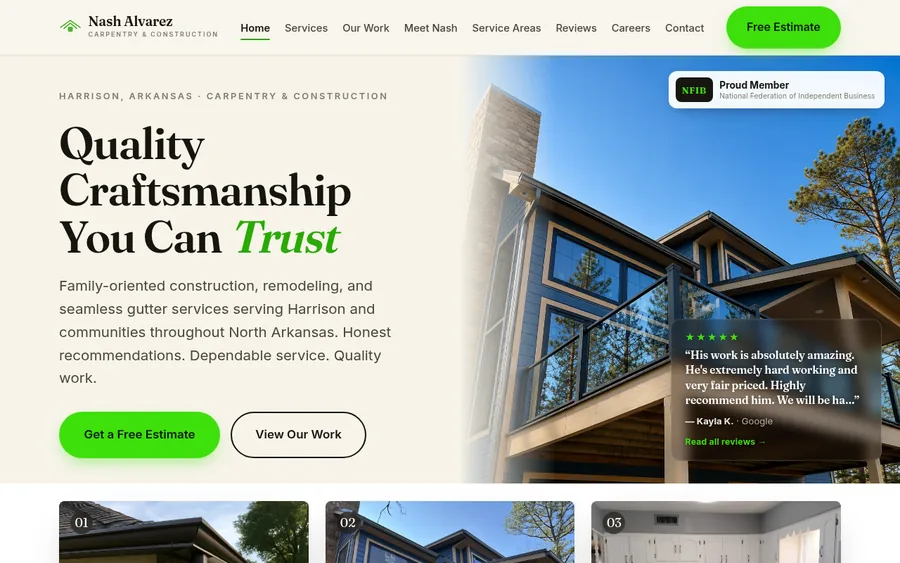 Homepage of the Nash Alvarez Carpentry and Construction website
